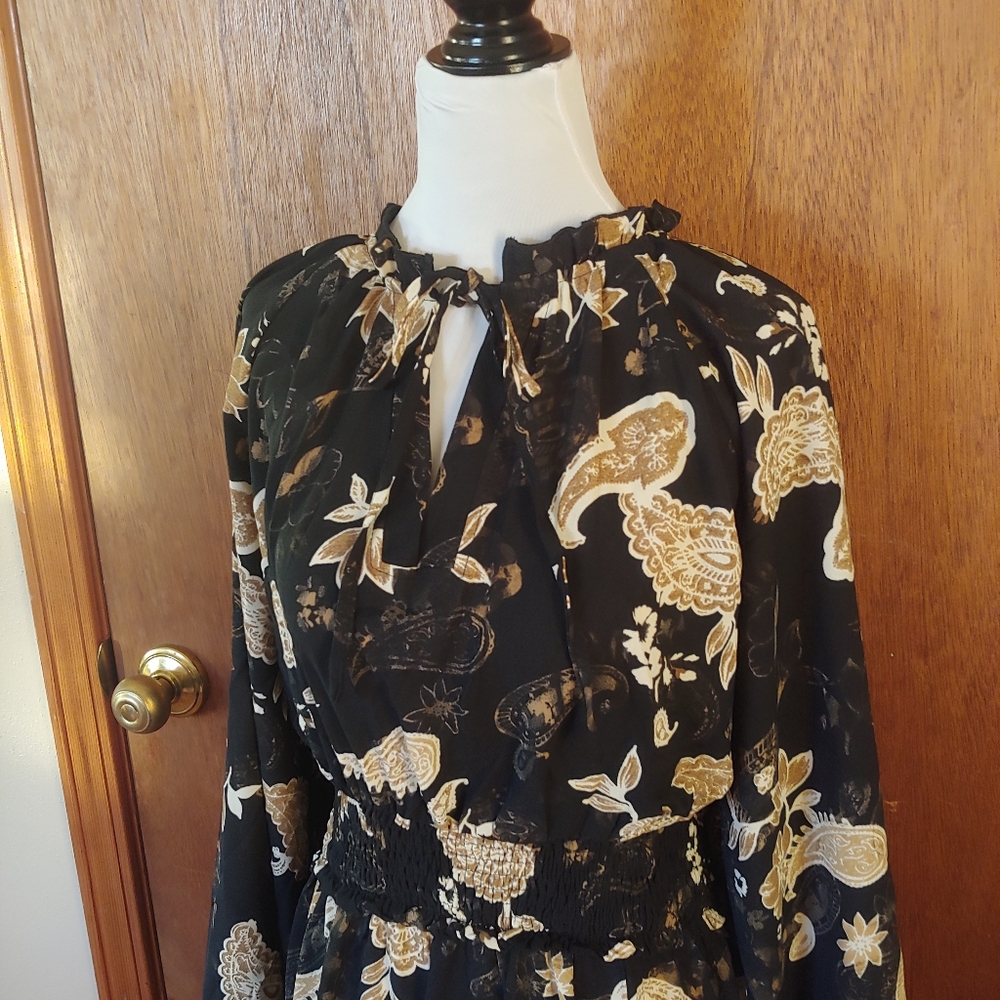 Like New Blencot Black Yellow Paisley Floral Long Sleeve Flowy Maxi Dress L - Picture 4 of 13